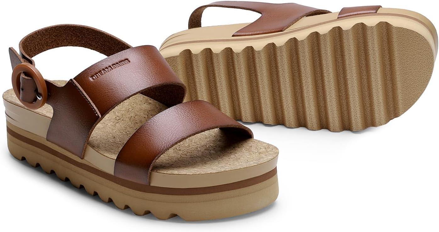 imageDREAM PAIRS Womens Orthopedic Arch Support Platform Sandals Comfortable Cork Insole Low Wedges Sandals Flatform Summer Dress Shoes Cute Buckle Wedges for BeachBrown
