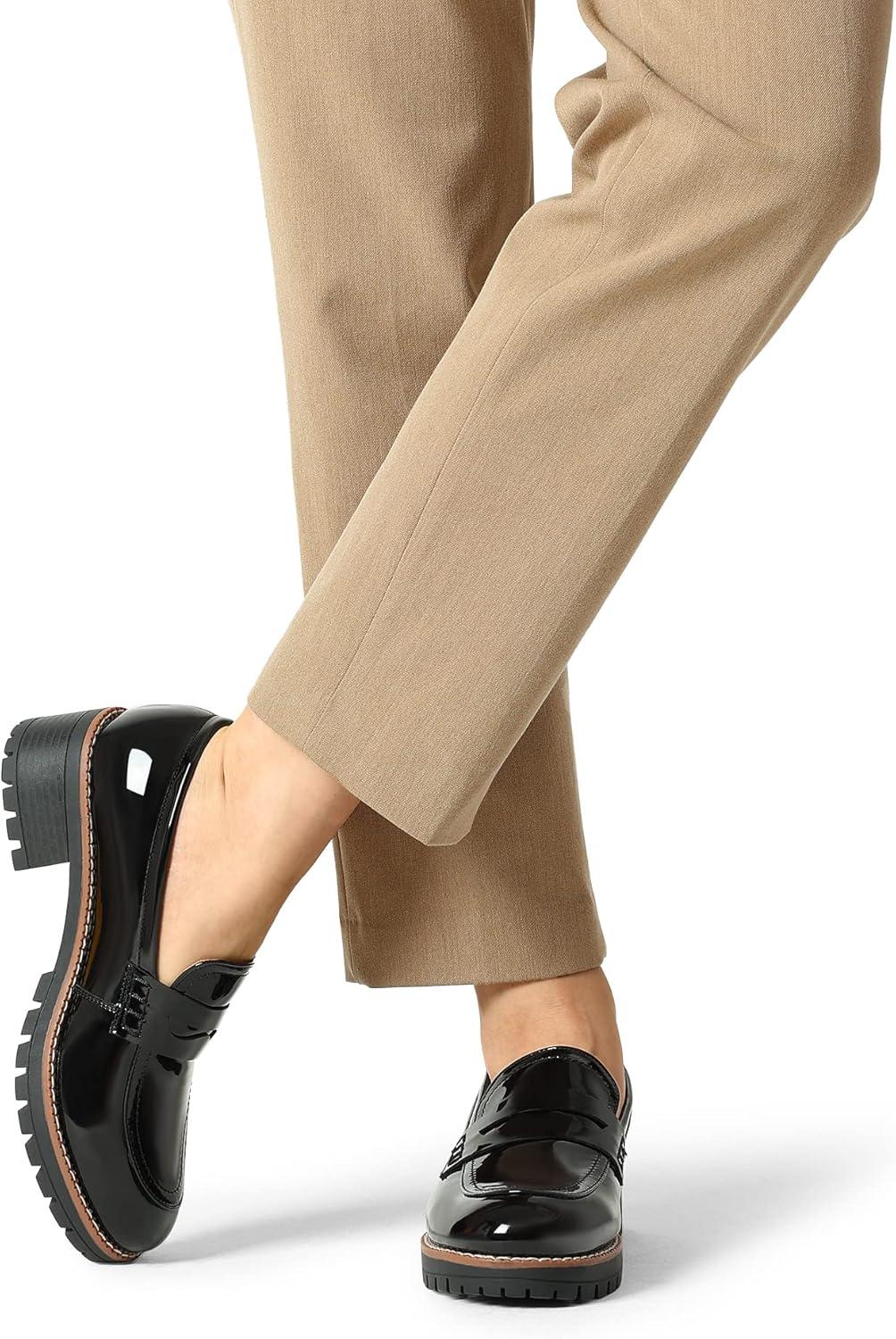 imageDREAM PAIRS Womens Platform Chunky Heeled Loafers Womens Business Casual ShoesBlack Pat