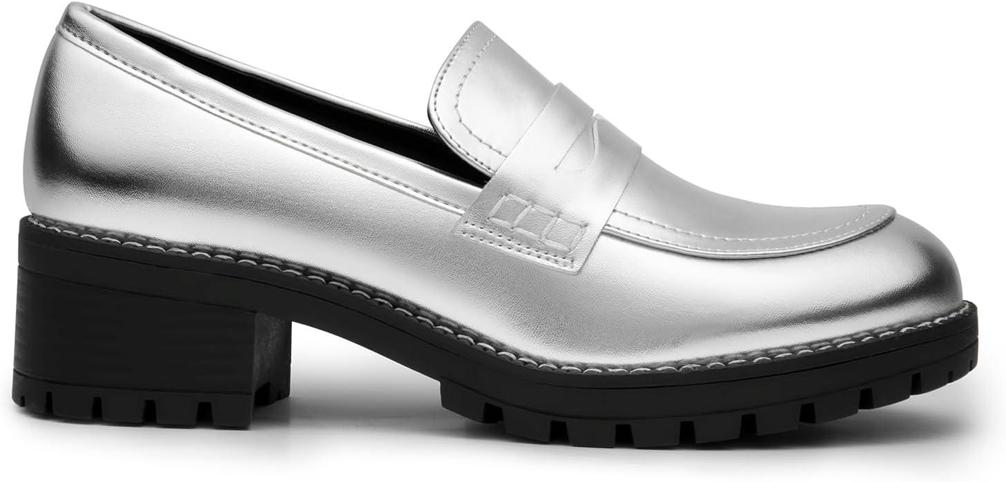 imageDREAM PAIRS Womens Platform Chunky Heeled Loafers Womens Business Casual ShoesSilver Pu