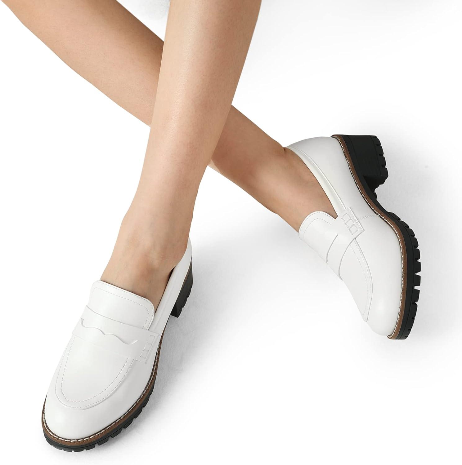 imageDREAM PAIRS Womens Platform Chunky Heeled Loafers Womens Business Casual ShoesWhite Pu