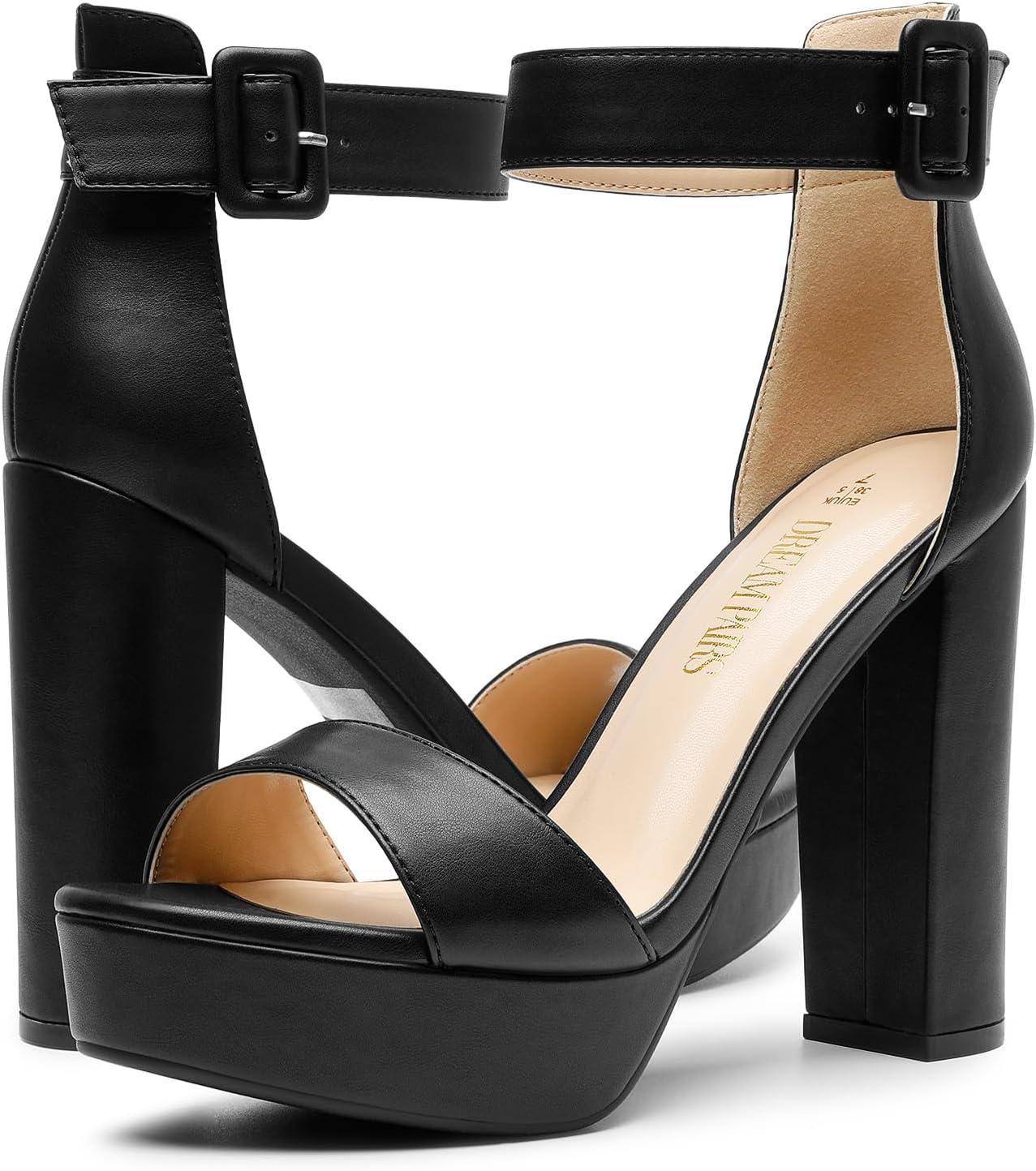 imageDREAM PAIRS Womens Platform Heel Sandals Open Toe Ankle Strap Heel Fashion Wedding Party Dress Sandals ShoesBlackpu