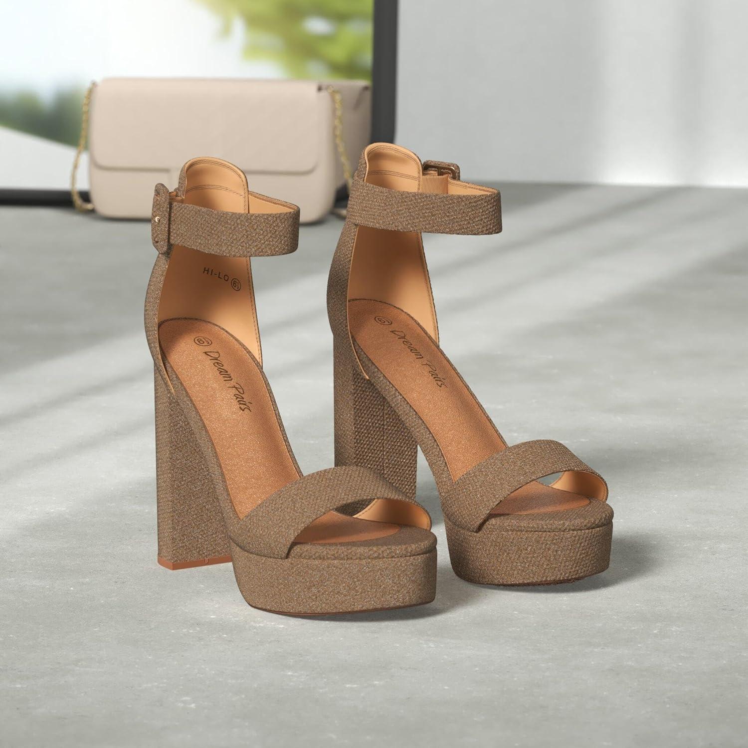 imageDREAM PAIRS Womens Platform Heel Sandals Open Toe Ankle Strap Heel Fashion Wedding Party Dress Sandals ShoesGoldGlitter