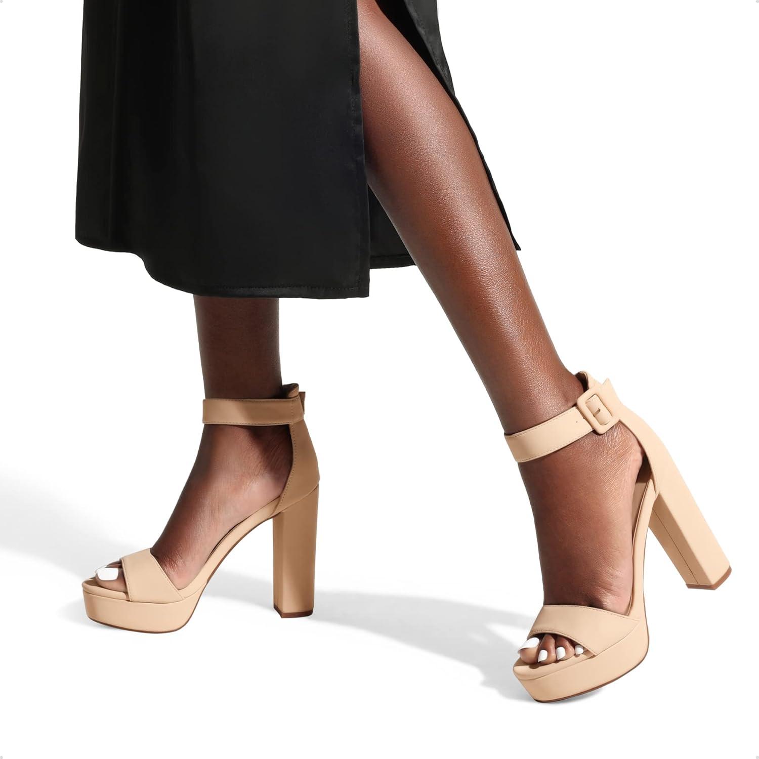 imageDREAM PAIRS Womens Platform Heel Sandals Open Toe Ankle Strap Heel Fashion Wedding Party Dress Sandals ShoesNude Nubuck