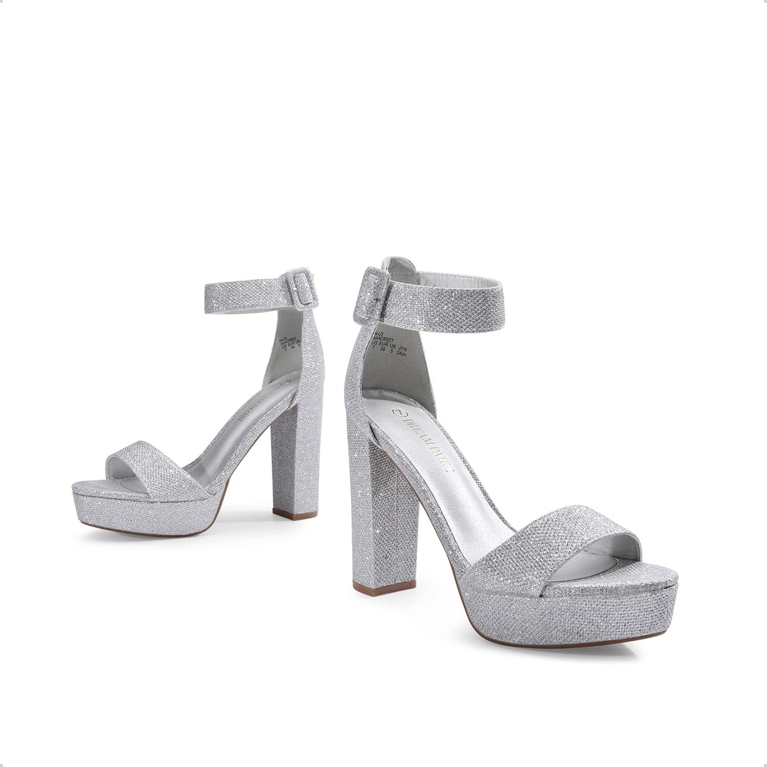 imageDREAM PAIRS Womens Platform Heel Sandals Open Toe Ankle Strap Heel Fashion Wedding Party Dress Sandals ShoesSilverGlitter