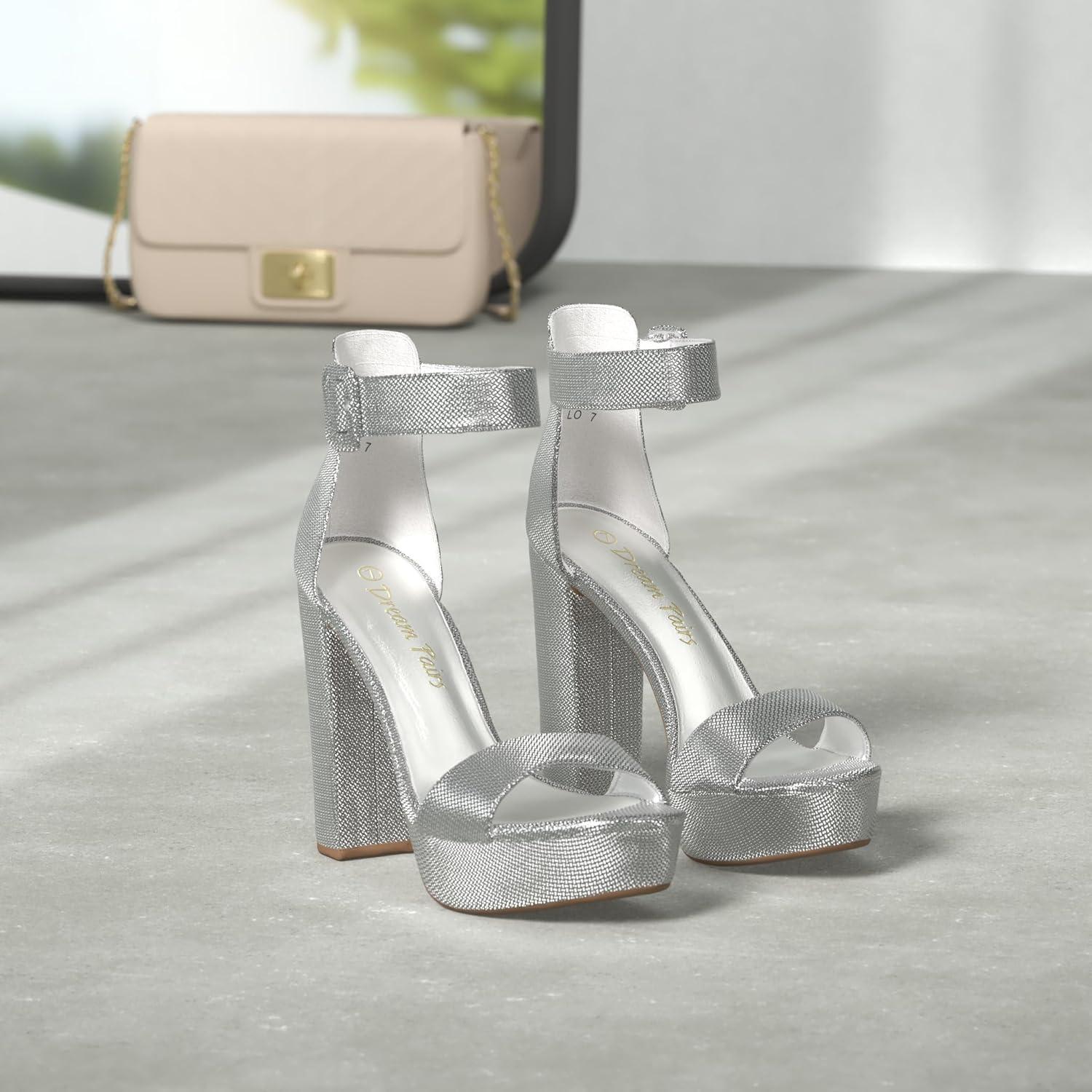 imageDREAM PAIRS Womens Platform Heel Sandals Open Toe Ankle Strap Heel Fashion Wedding Party Dress Sandals ShoesSilverGlitter
