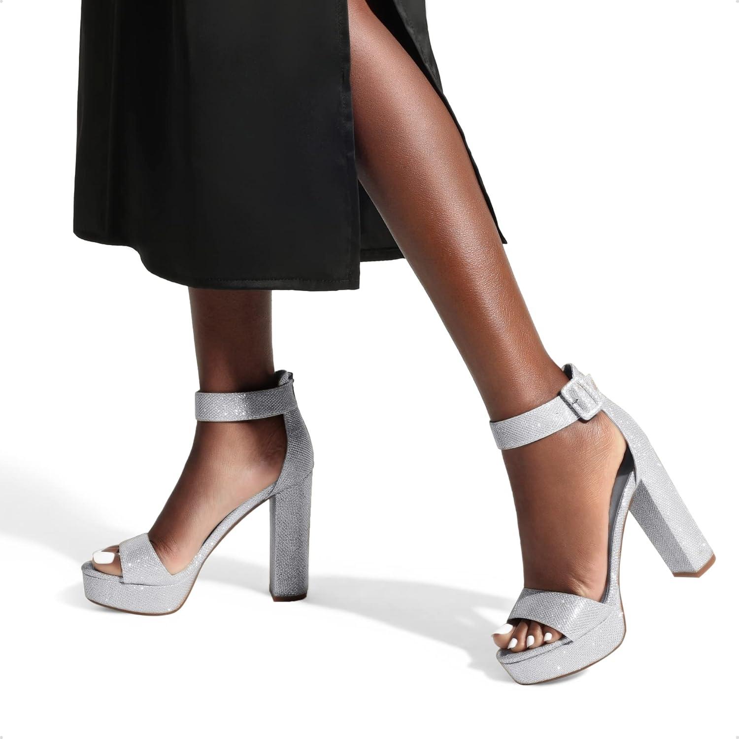 imageDREAM PAIRS Womens Platform Heel Sandals Open Toe Ankle Strap Heel Fashion Wedding Party Dress Sandals ShoesSilverGlitter