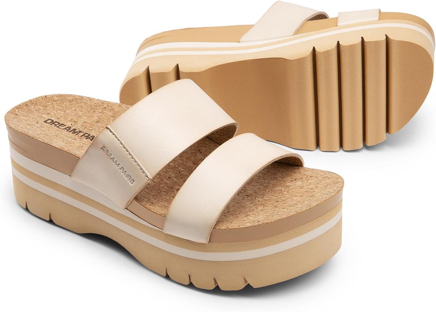 imageDREAM PAIRS Womens Platform Slides Sandals Comfortable Arch Support Footbed Two Strap Slipon Fashion Beach Wedge SandalsBeige