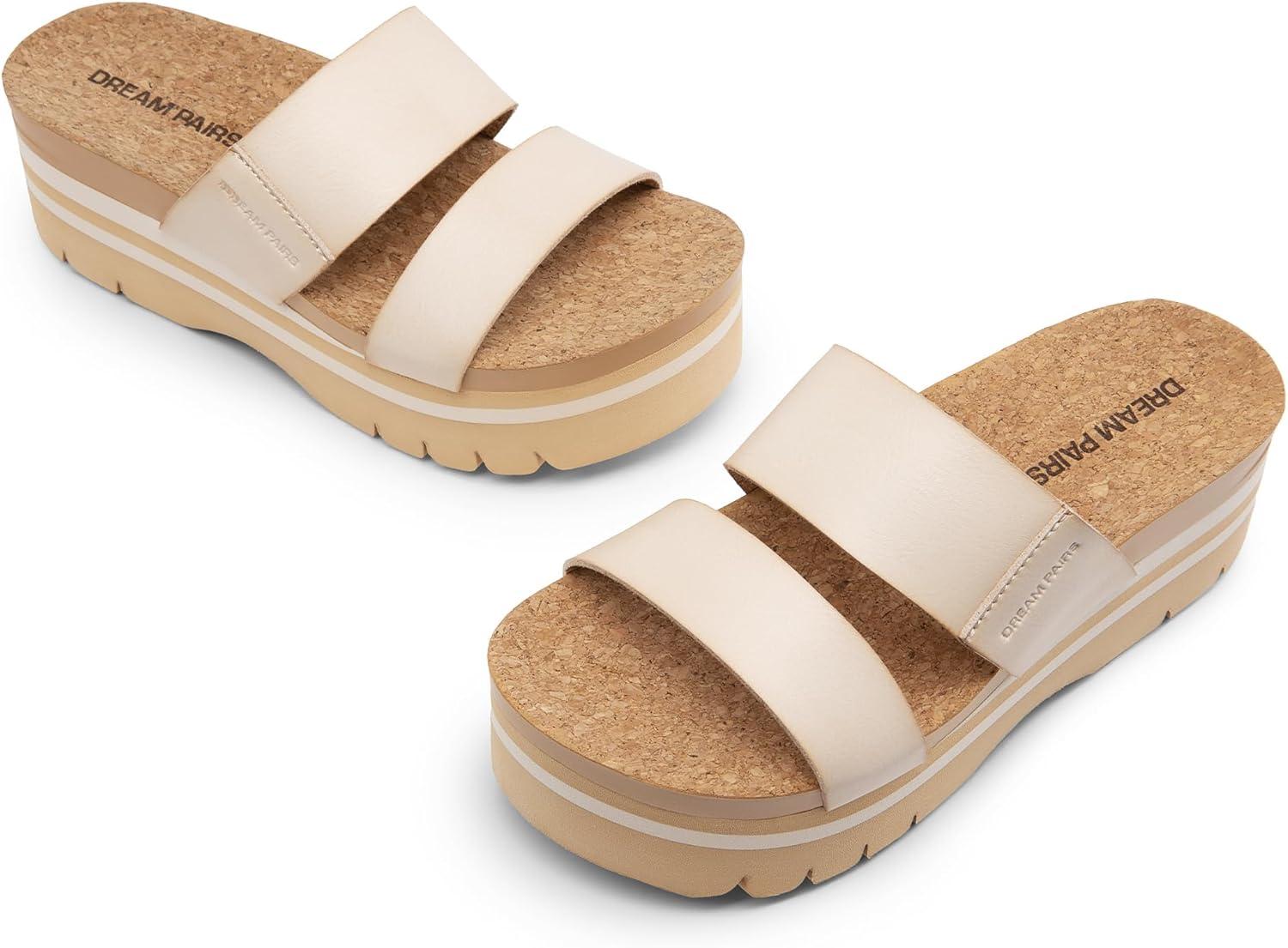 imageDREAM PAIRS Womens Platform Slides Sandals Comfortable Arch Support Footbed Two Strap Slipon Fashion Beach Wedge SandalsBeige