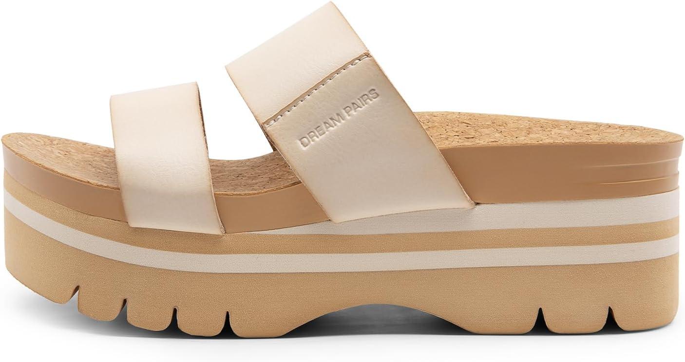 imageDREAM PAIRS Womens Platform Slides Sandals Comfortable Arch Support Footbed Two Strap Slipon Fashion Beach Wedge SandalsBeige