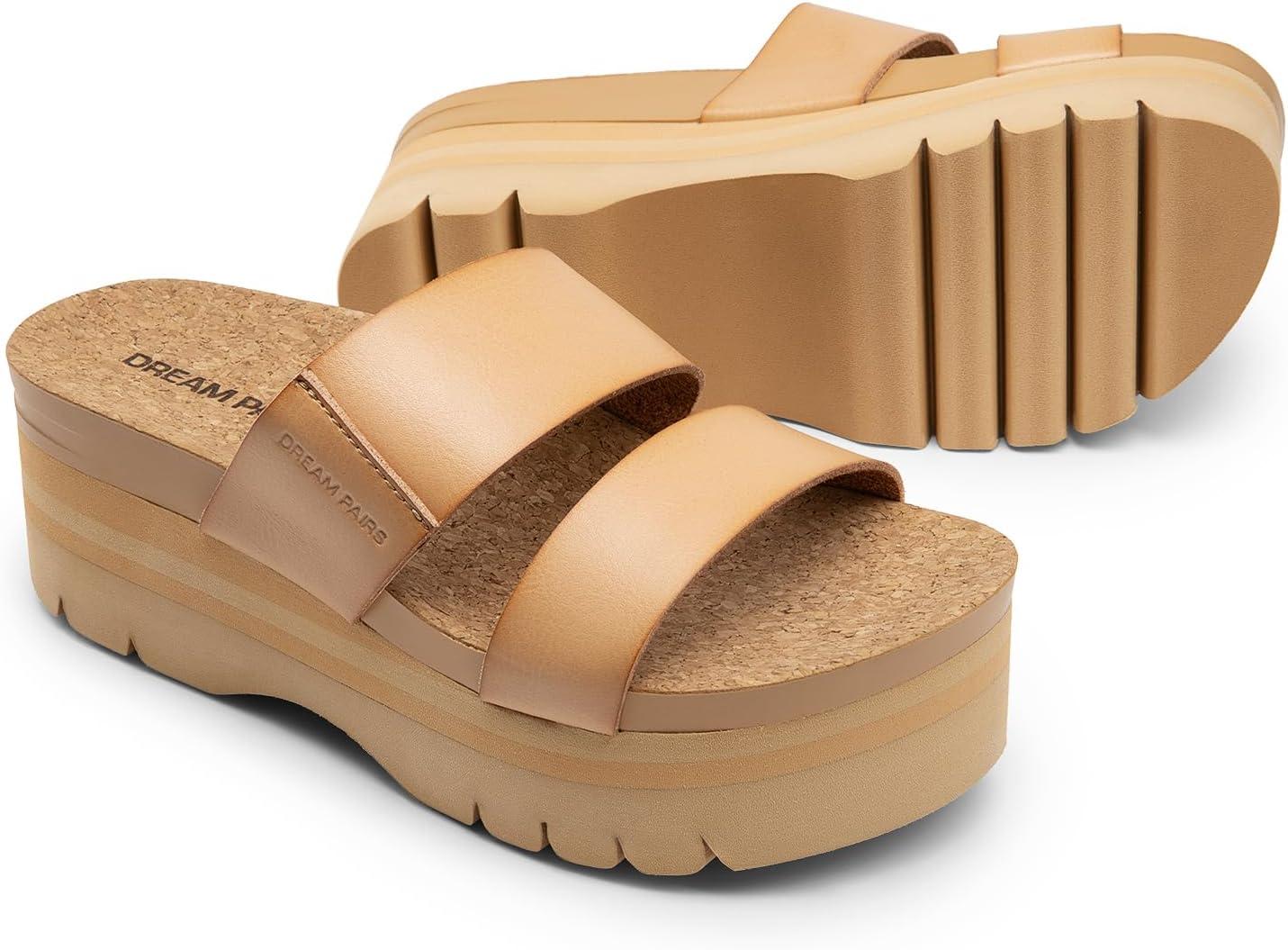 imageDREAM PAIRS Womens Platform Slides Sandals Comfortable Arch Support Footbed Two Strap Slipon Fashion Beach Wedge SandalsNude