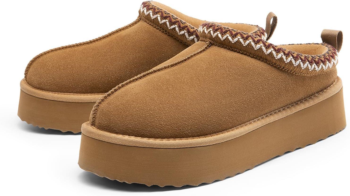 imageDREAM PAIRS Womens Platform Slippers Genuine Suede Slipon Warm FuzzyEasy Autumn Winter Fluffy Comfy Furry Shoes for Outdoor IndoorChestnut