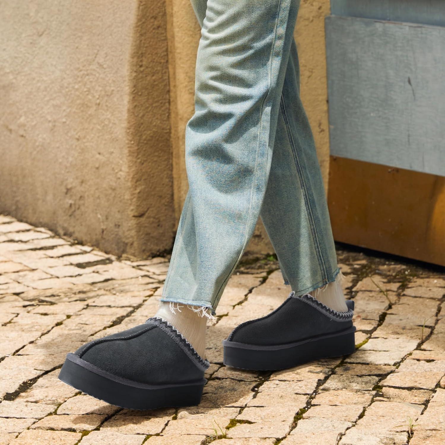 imageDREAM PAIRS Womens Platform Slippers Genuine Suede Slipon Warm FuzzyEasy Autumn Winter Fluffy Comfy Furry Shoes for Outdoor IndoorGrey