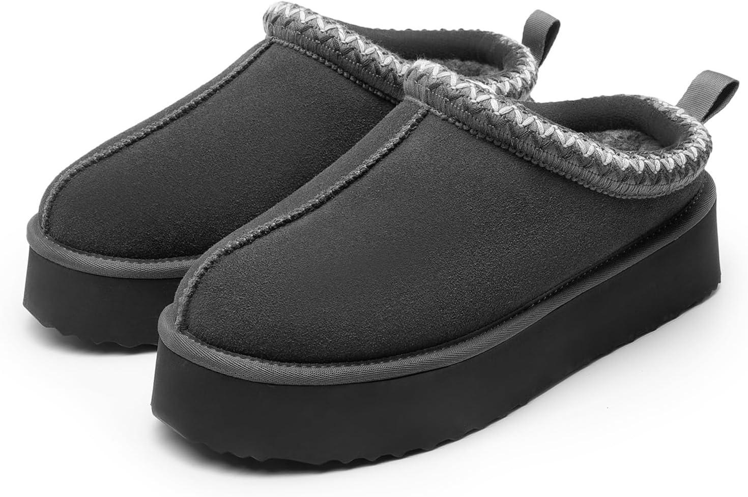 imageDREAM PAIRS Womens Platform Slippers Genuine Suede Slipon Warm FuzzyEasy Autumn Winter Fluffy Comfy Furry Shoes for Outdoor IndoorGrey