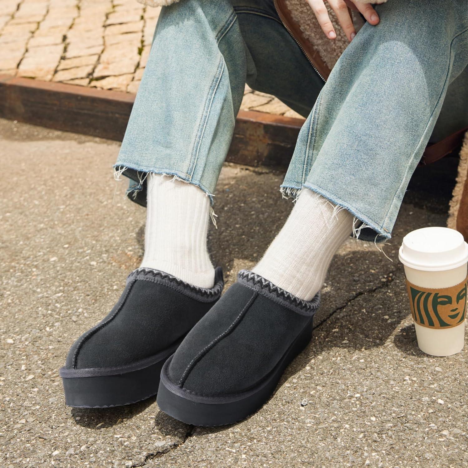 imageDREAM PAIRS Womens Platform Slippers Genuine Suede Slipon Warm FuzzyEasy Autumn Winter Fluffy Comfy Furry Shoes for Outdoor IndoorGrey