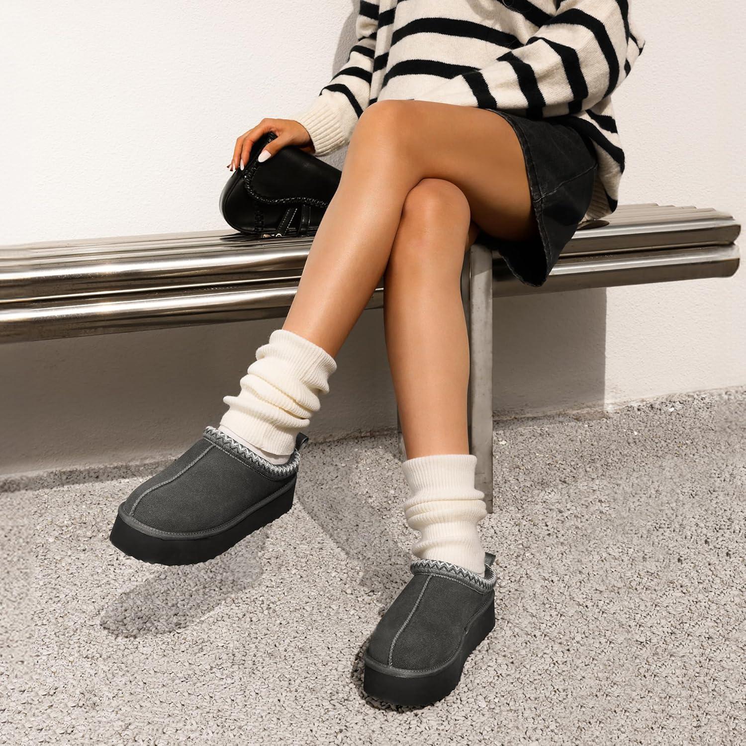 imageDREAM PAIRS Womens Platform Slippers Genuine Suede Slipon Warm FuzzyEasy Autumn Winter Fluffy Comfy Furry Shoes for Outdoor IndoorGrey