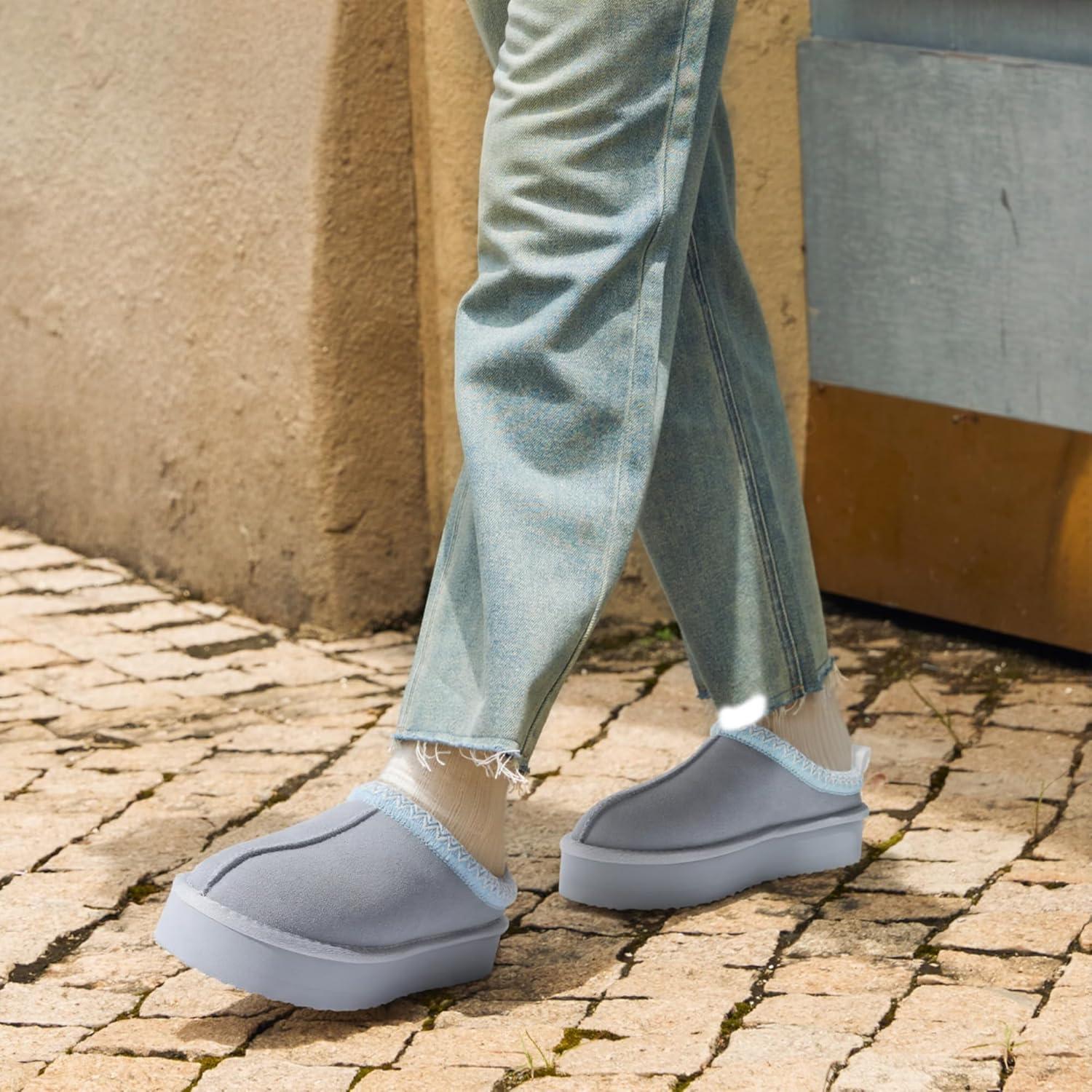 imageDREAM PAIRS Womens Platform Slippers Genuine Suede Slipon Warm FuzzyEasy Autumn Winter Fluffy Comfy Furry Shoes for Outdoor IndoorLight Blue