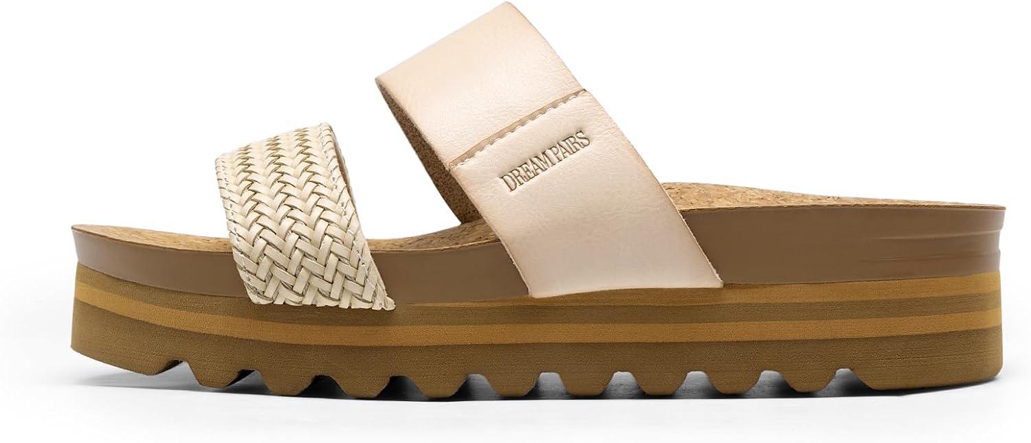 imageDREAM PAIRS Womens Platform Wedge Sandals with Arch Support Comfortable Beach Slipon Flat Sandals Casual 2Strap Cork Cushion Slides for WomenBeigepu
