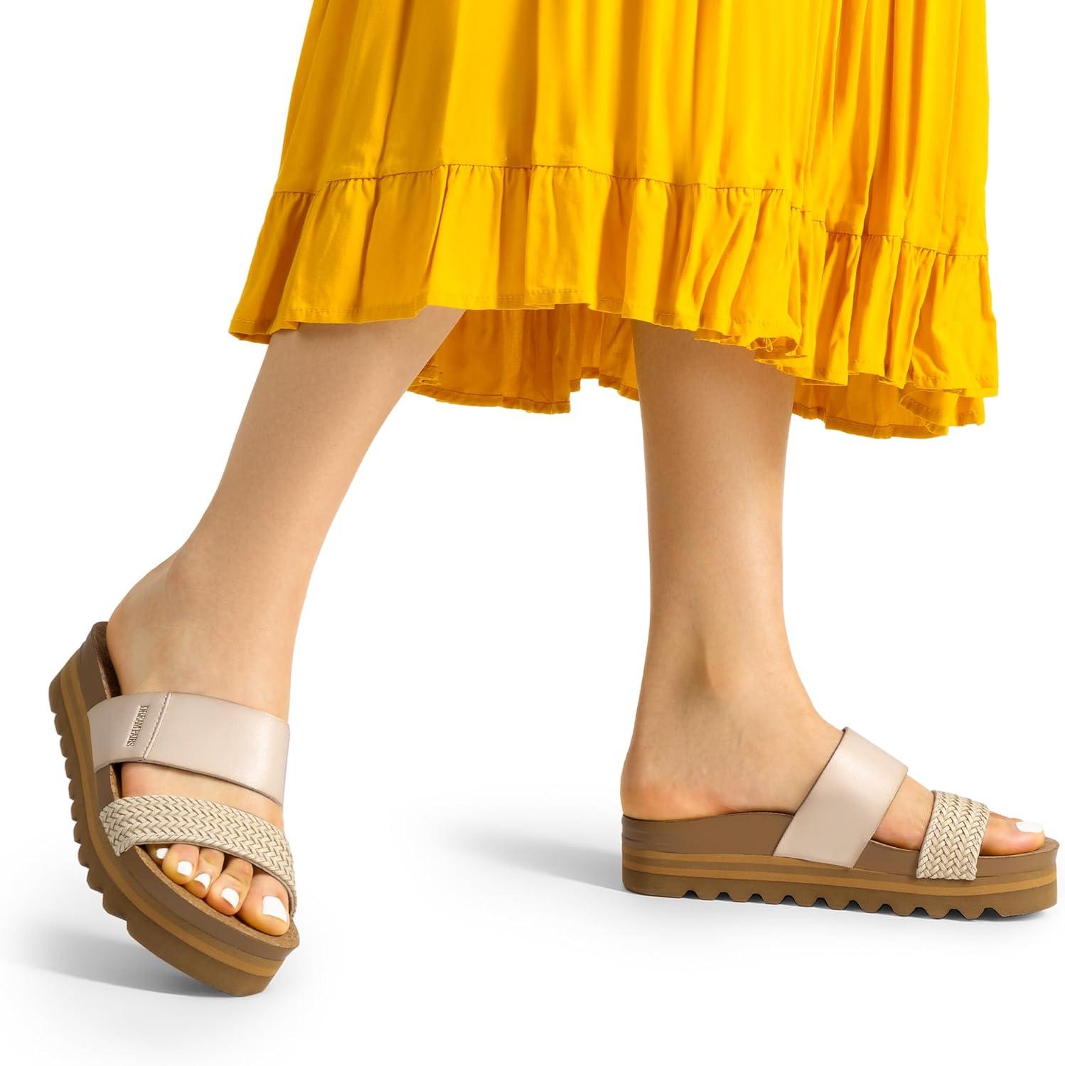 imageDREAM PAIRS Womens Platform Wedge Sandals with Arch Support Comfortable Beach Slipon Flat Sandals Casual 2Strap Cork Cushion Slides for WomenBeigepu