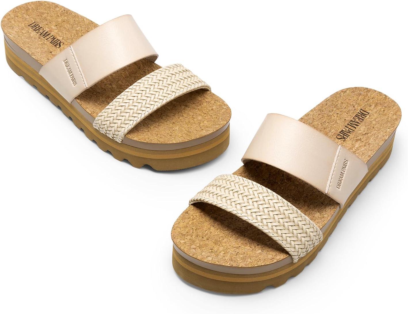 imageDREAM PAIRS Womens Platform Wedge Sandals with Arch Support Comfortable Beach Slipon Flat Sandals Casual 2Strap Cork Cushion Slides for WomenBeigepu
