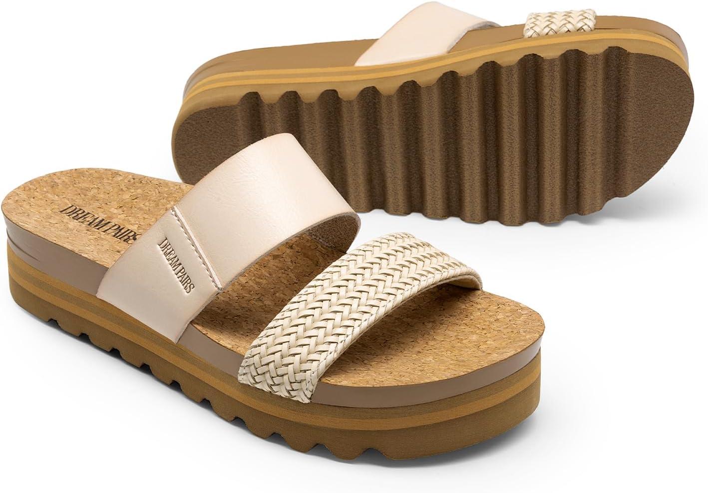 imageDREAM PAIRS Womens Platform Wedge Sandals with Arch Support Comfortable Beach Slipon Flat Sandals Casual 2Strap Cork Cushion Slides for WomenBeigepu