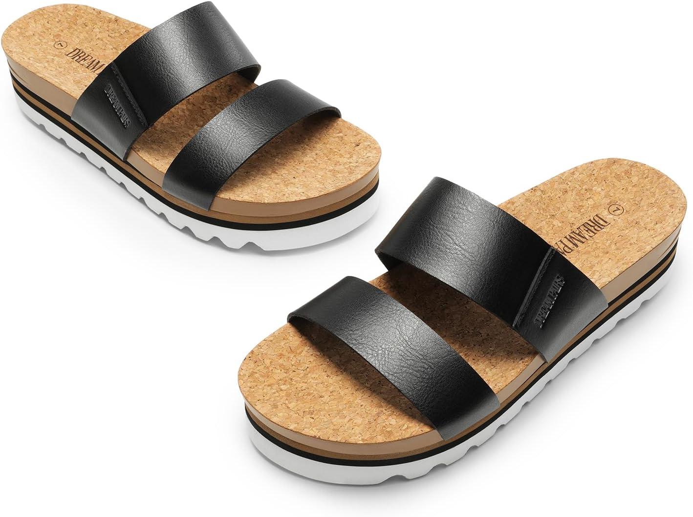 imageDREAM PAIRS Womens Platform Wedge Sandals with Arch Support Comfortable Beach Slipon Flat Sandals Casual 2Strap Cork Cushion Slides for WomenBlack