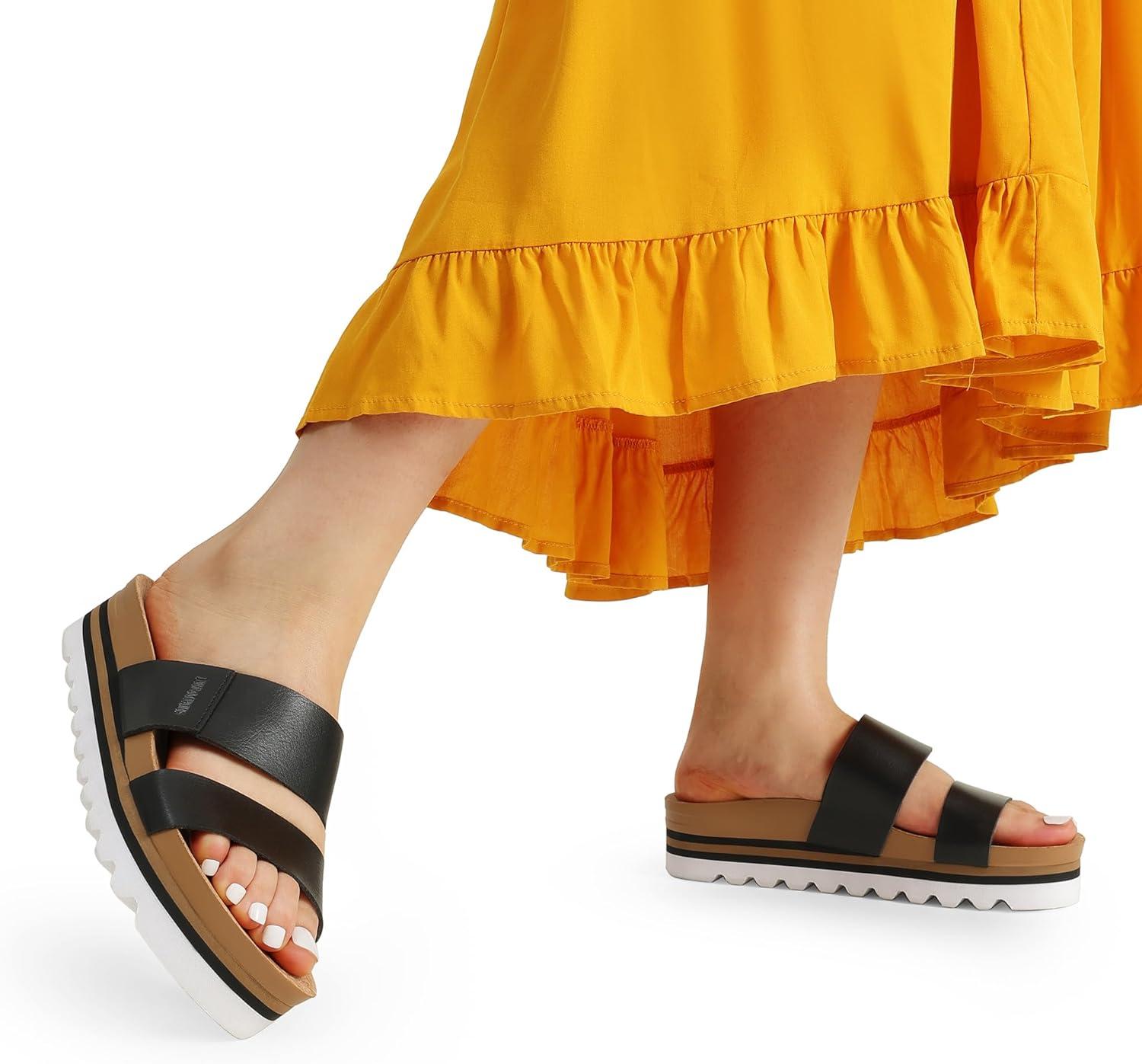 imageDREAM PAIRS Womens Platform Wedge Sandals with Arch Support Comfortable Beach Slipon Flat Sandals Casual 2Strap Cork Cushion Slides for WomenBlack