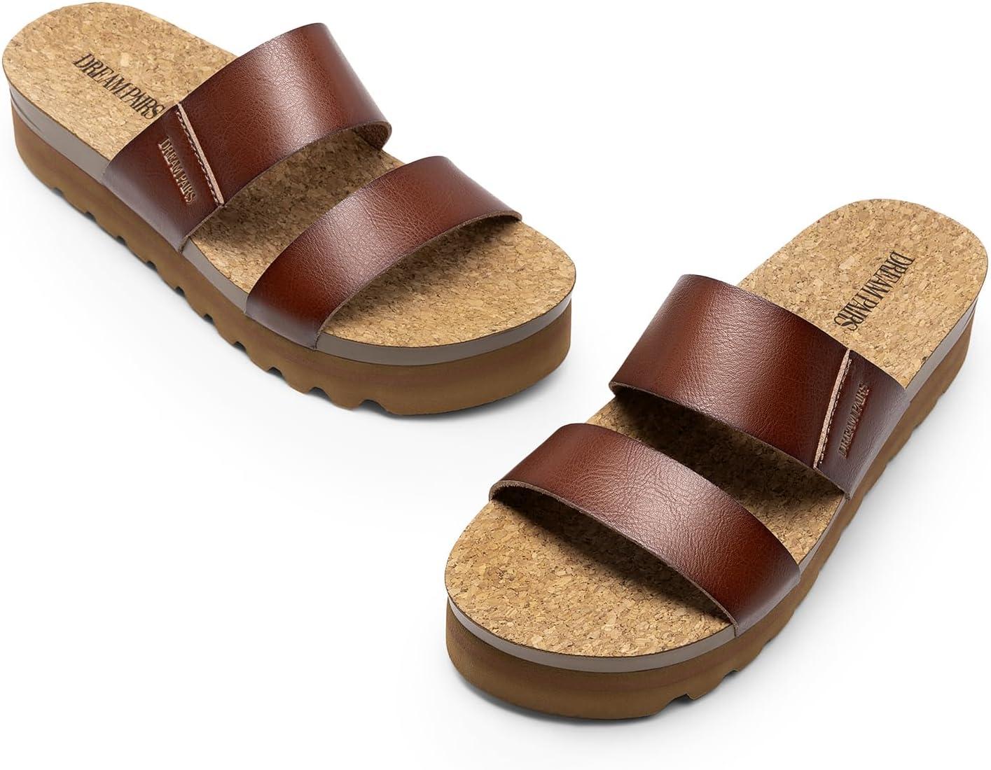imageDREAM PAIRS Womens Platform Wedge Sandals with Arch Support Comfortable Beach Slipon Flat Sandals Casual 2Strap Cork Cushion Slides for WomenBrownpu
