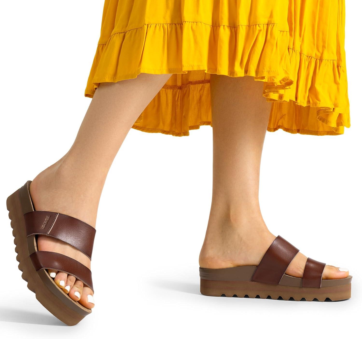 imageDREAM PAIRS Womens Platform Wedge Sandals with Arch Support Comfortable Beach Slipon Flat Sandals Casual 2Strap Cork Cushion Slides for WomenBrownpu