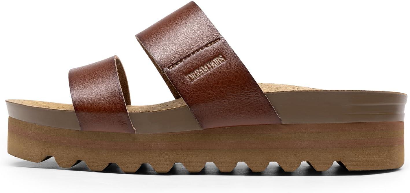 imageDREAM PAIRS Womens Platform Wedge Sandals with Arch Support Comfortable Beach Slipon Flat Sandals Casual 2Strap Cork Cushion Slides for WomenBrownpu
