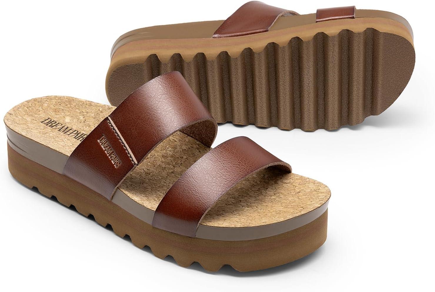 imageDREAM PAIRS Womens Platform Wedge Sandals with Arch Support Comfortable Beach Slipon Flat Sandals Casual 2Strap Cork Cushion Slides for WomenBrownpu