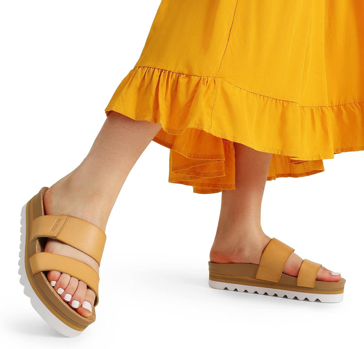 imageDREAM PAIRS Womens Platform Wedge Sandals with Arch Support Comfortable Beach Slipon Flat Sandals Casual 2Strap Cork Cushion Slides for WomenNatural