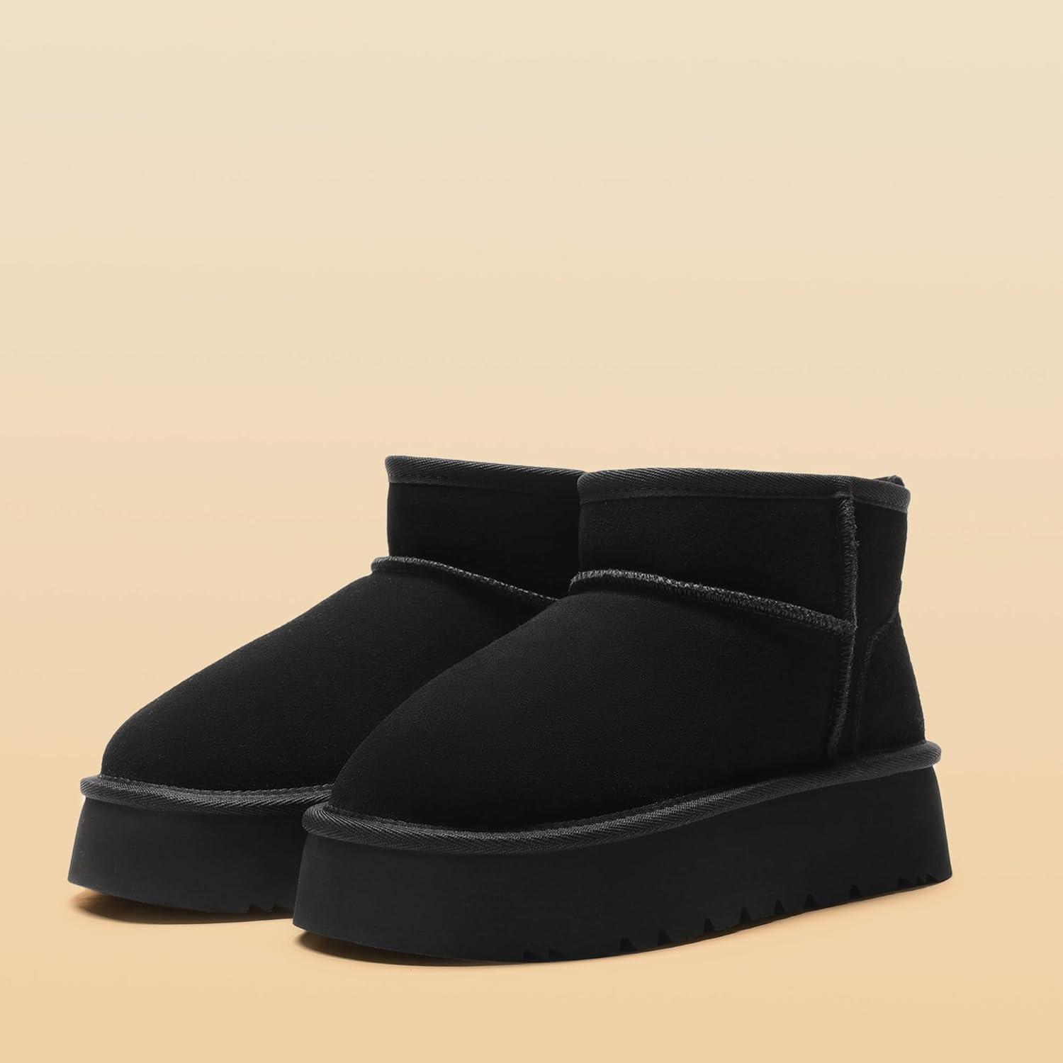 imageDREAM PAIRS Womens Platform Winter Snow Boots Genuine Suede Water Resistant Mini Ankle Boots Stable Lightweight Booties AntiSlip with Memory Foam Outdoor FuzzyBlack