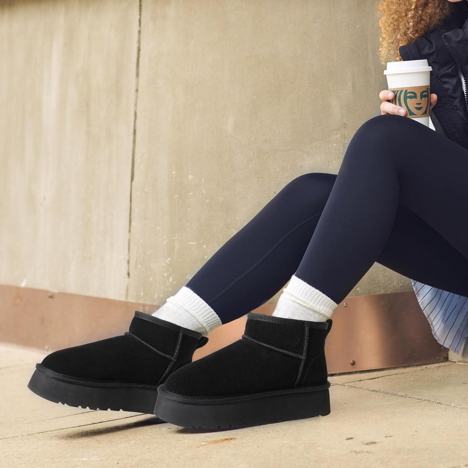 imageDREAM PAIRS Womens Platform Winter Snow Boots Genuine Suede Water Resistant Mini Ankle Boots Stable Lightweight Booties AntiSlip with Memory Foam Outdoor FuzzyBlack