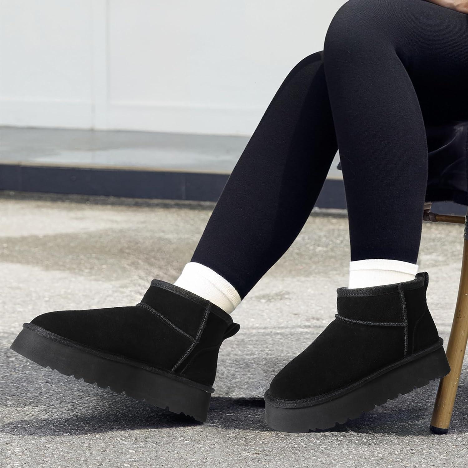 imageDREAM PAIRS Womens Platform Winter Snow Boots Genuine Suede Water Resistant Mini Ankle Boots Stable Lightweight Booties AntiSlip with Memory Foam Outdoor FuzzyBlack