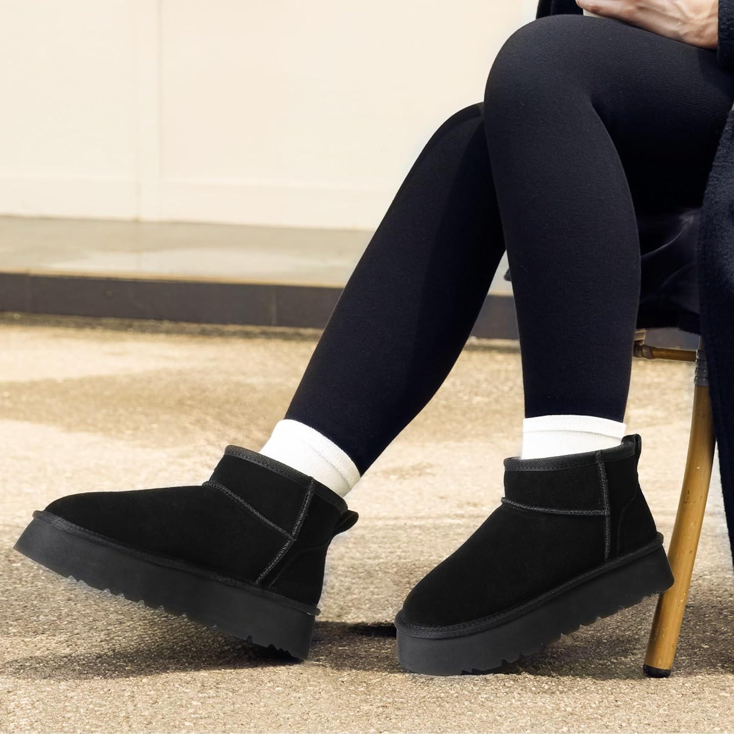 imageDREAM PAIRS Womens Platform Winter Snow Boots Genuine Suede Water Resistant Mini Ankle Boots Stable Lightweight Booties AntiSlip with Memory Foam Outdoor FuzzyBlack