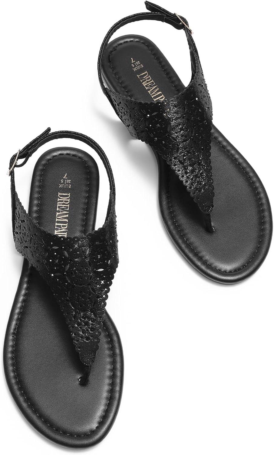 imageDREAM PAIRS Womens Rhinestone Casual Wear Cute Gladiator Flat Sandals Beach Dressy TStrap Thong SandalsAll Black