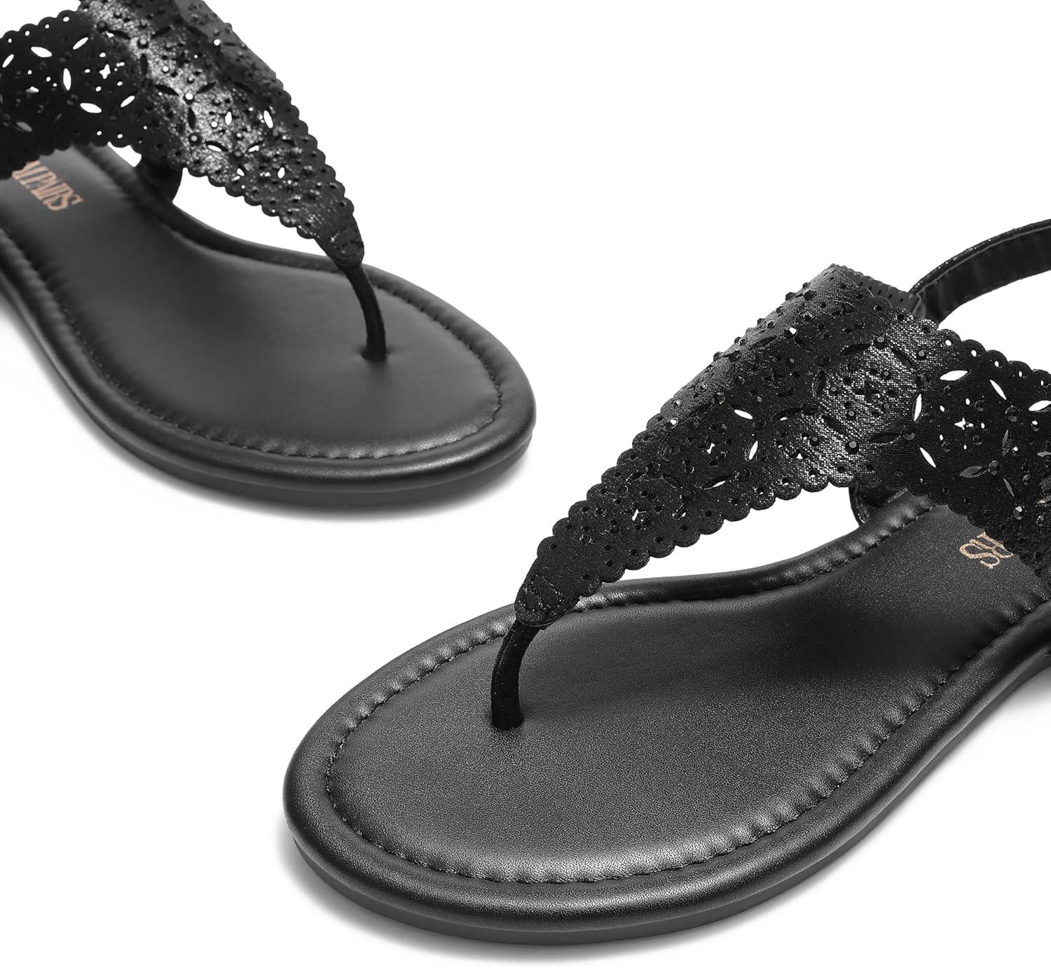 imageDREAM PAIRS Womens Rhinestone Casual Wear Cute Gladiator Flat Sandals Beach Dressy TStrap Thong SandalsAll Black