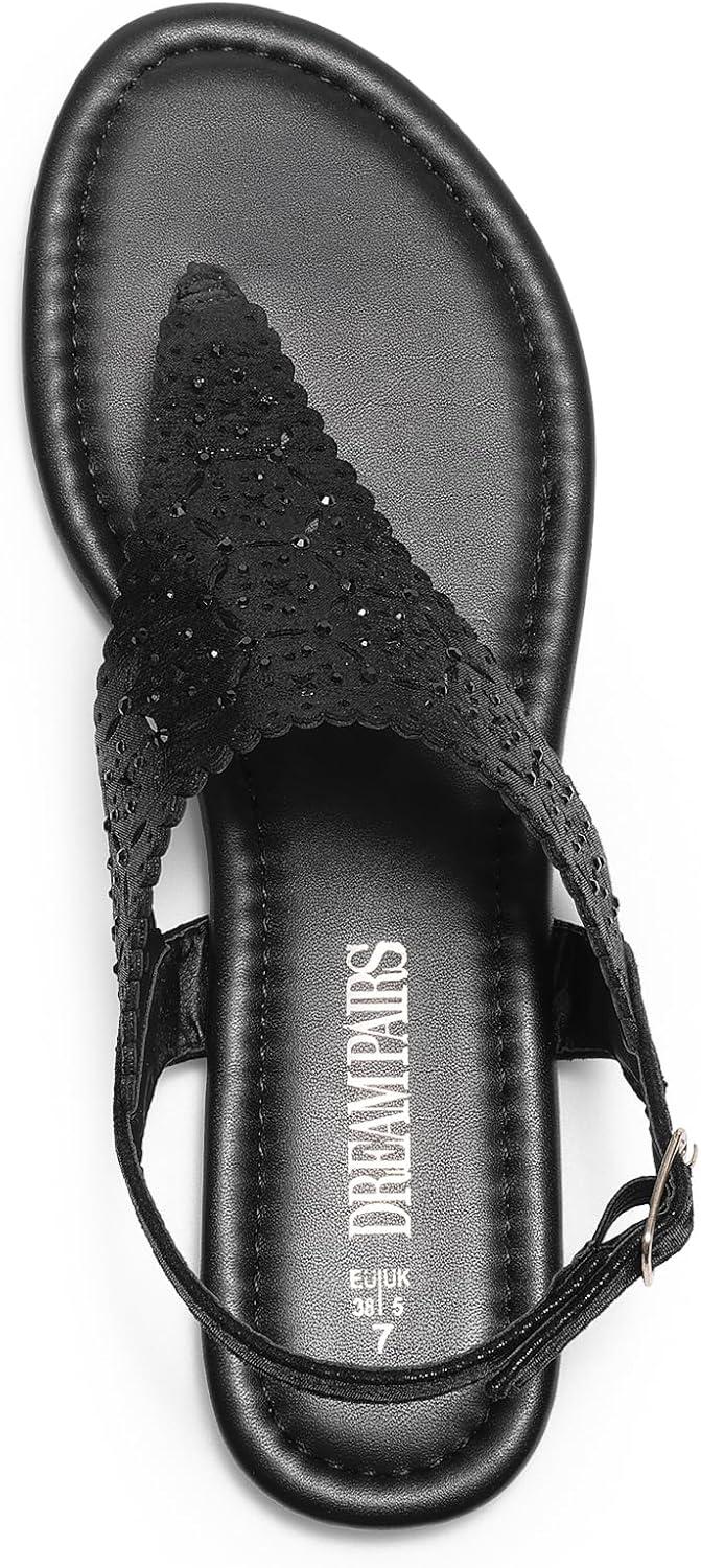 imageDREAM PAIRS Womens Rhinestone Casual Wear Cute Gladiator Flat Sandals Beach Dressy TStrap Thong SandalsAll Black