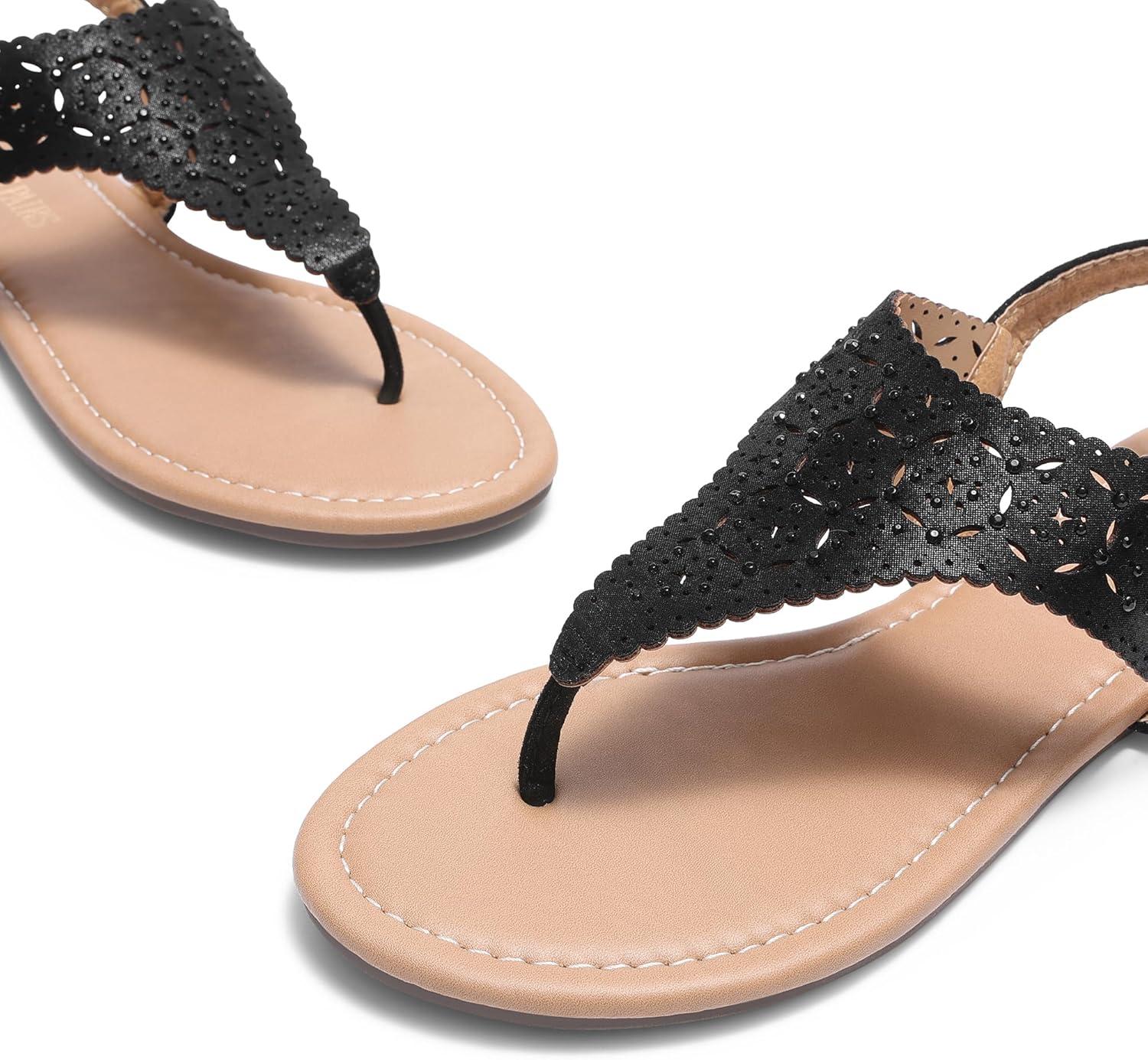 imageDREAM PAIRS Womens Rhinestone Casual Wear Cute Gladiator Flat Sandals Beach Dressy TStrap Thong SandalsBlack