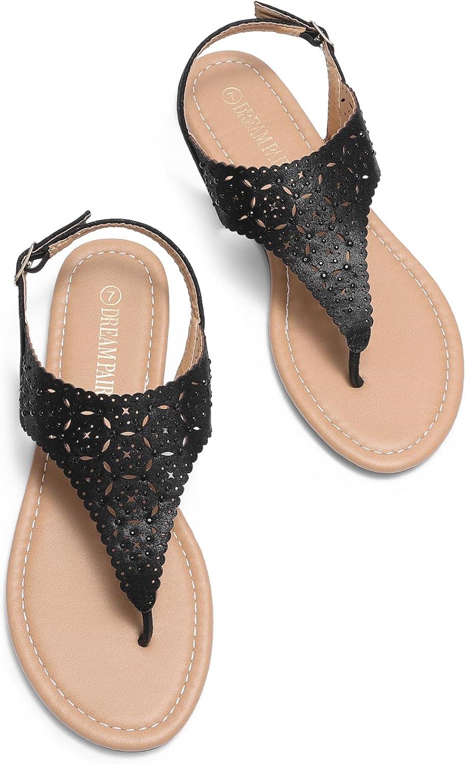 imageDREAM PAIRS Womens Rhinestone Casual Wear Cute Gladiator Flat Sandals Beach Dressy TStrap Thong SandalsBlack