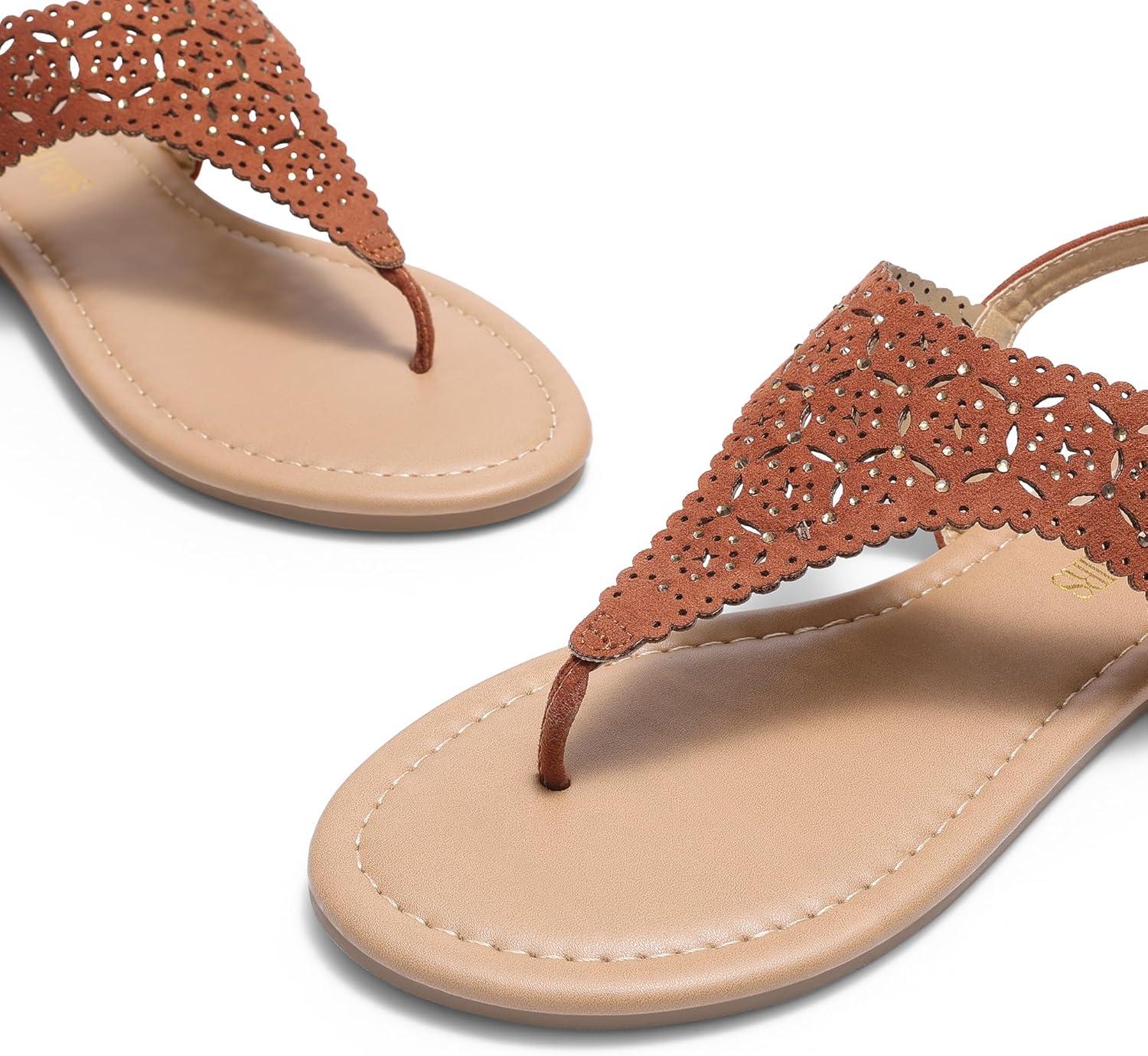 imageDREAM PAIRS Womens Rhinestone Casual Wear Cute Gladiator Flat Sandals Beach Dressy TStrap Thong SandalsBrownsuede