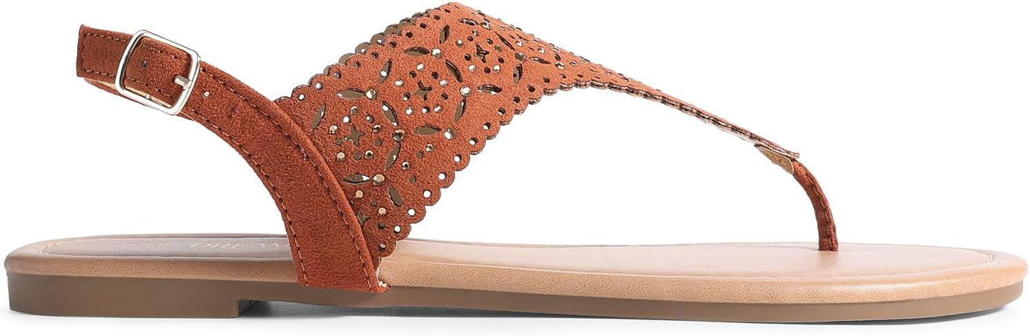 imageDREAM PAIRS Womens Rhinestone Casual Wear Cute Gladiator Flat Sandals Beach Dressy TStrap Thong SandalsBrownsuede