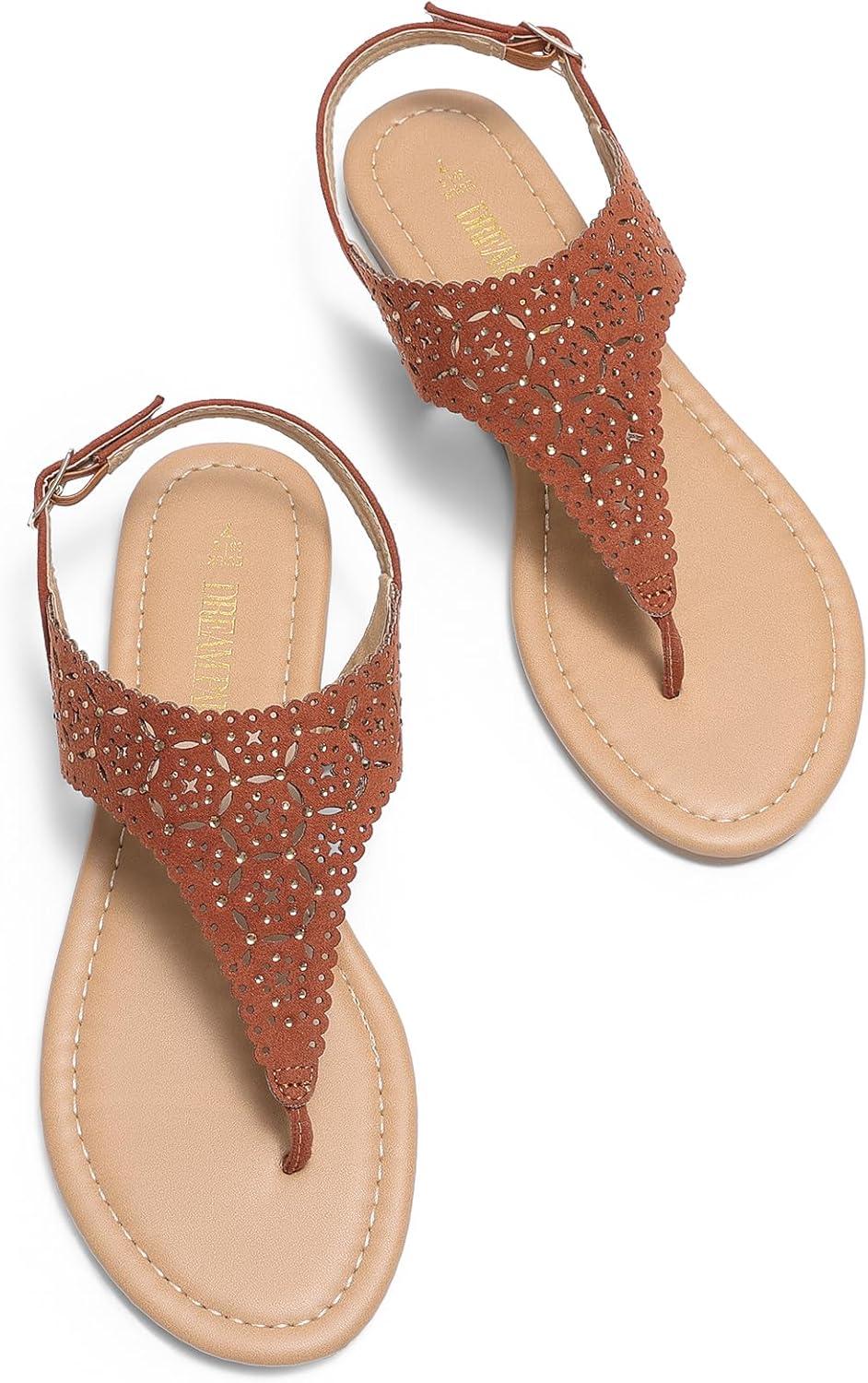 imageDREAM PAIRS Womens Rhinestone Casual Wear Cute Gladiator Flat Sandals Beach Dressy TStrap Thong SandalsBrownsuede