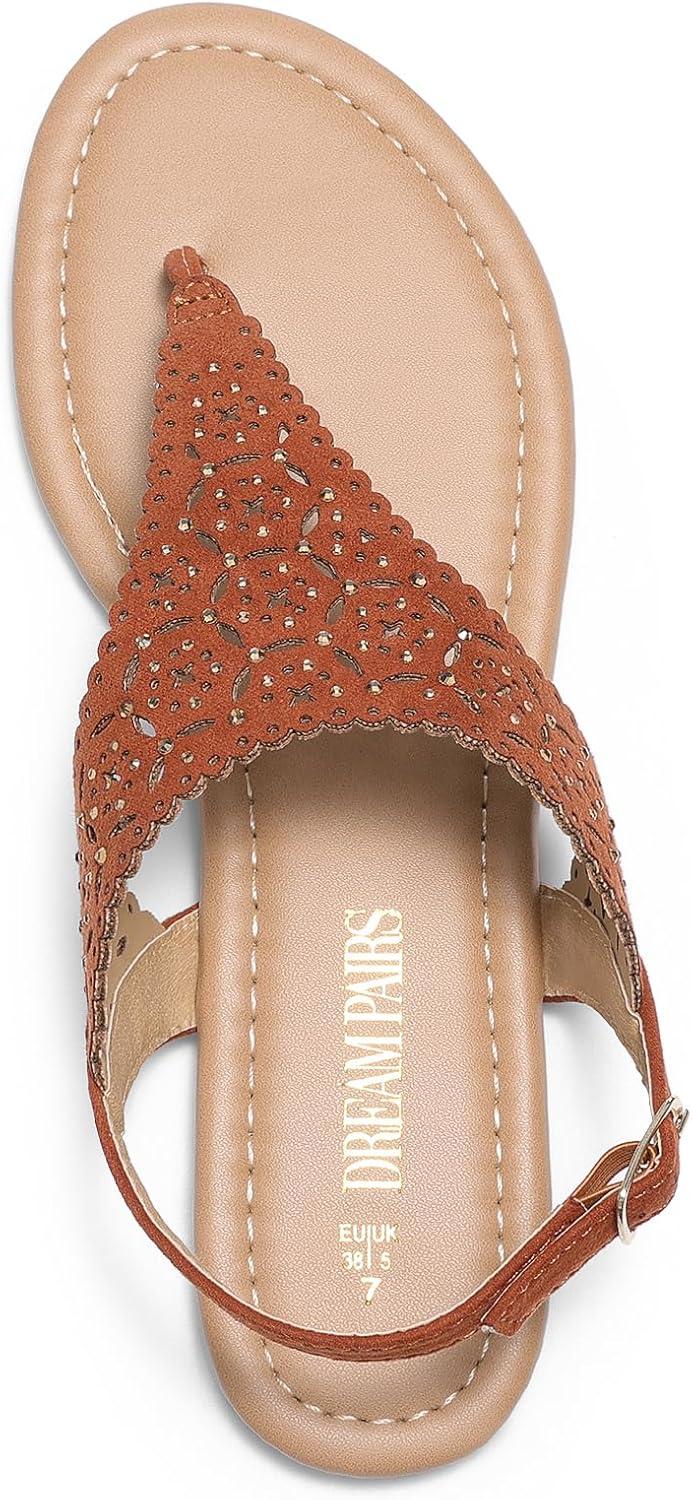 imageDREAM PAIRS Womens Rhinestone Casual Wear Cute Gladiator Flat Sandals Beach Dressy TStrap Thong SandalsBrownsuede