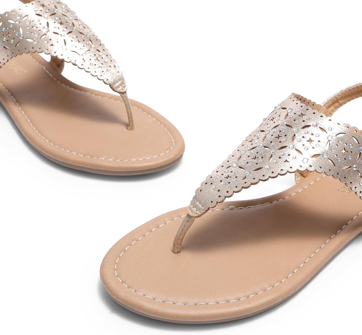 imageDREAM PAIRS Womens Rhinestone Casual Wear Cute Gladiator Flat Sandals Beach Dressy TStrap Thong SandalsGold