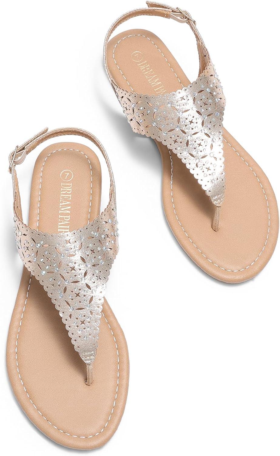 imageDREAM PAIRS Womens Rhinestone Casual Wear Cute Gladiator Flat Sandals Beach Dressy TStrap Thong SandalsGold