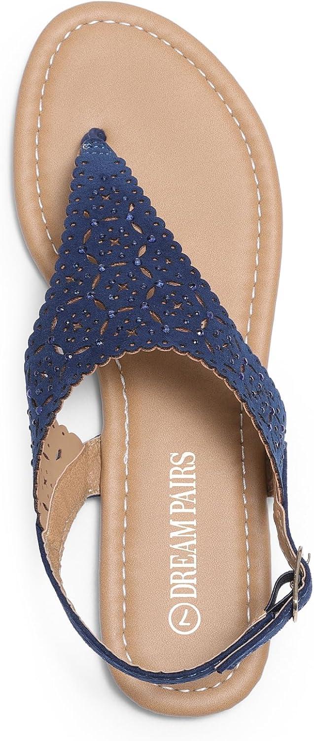 imageDREAM PAIRS Womens Rhinestone Casual Wear Cute Gladiator Flat Sandals Beach Dressy TStrap Thong SandalsNavy