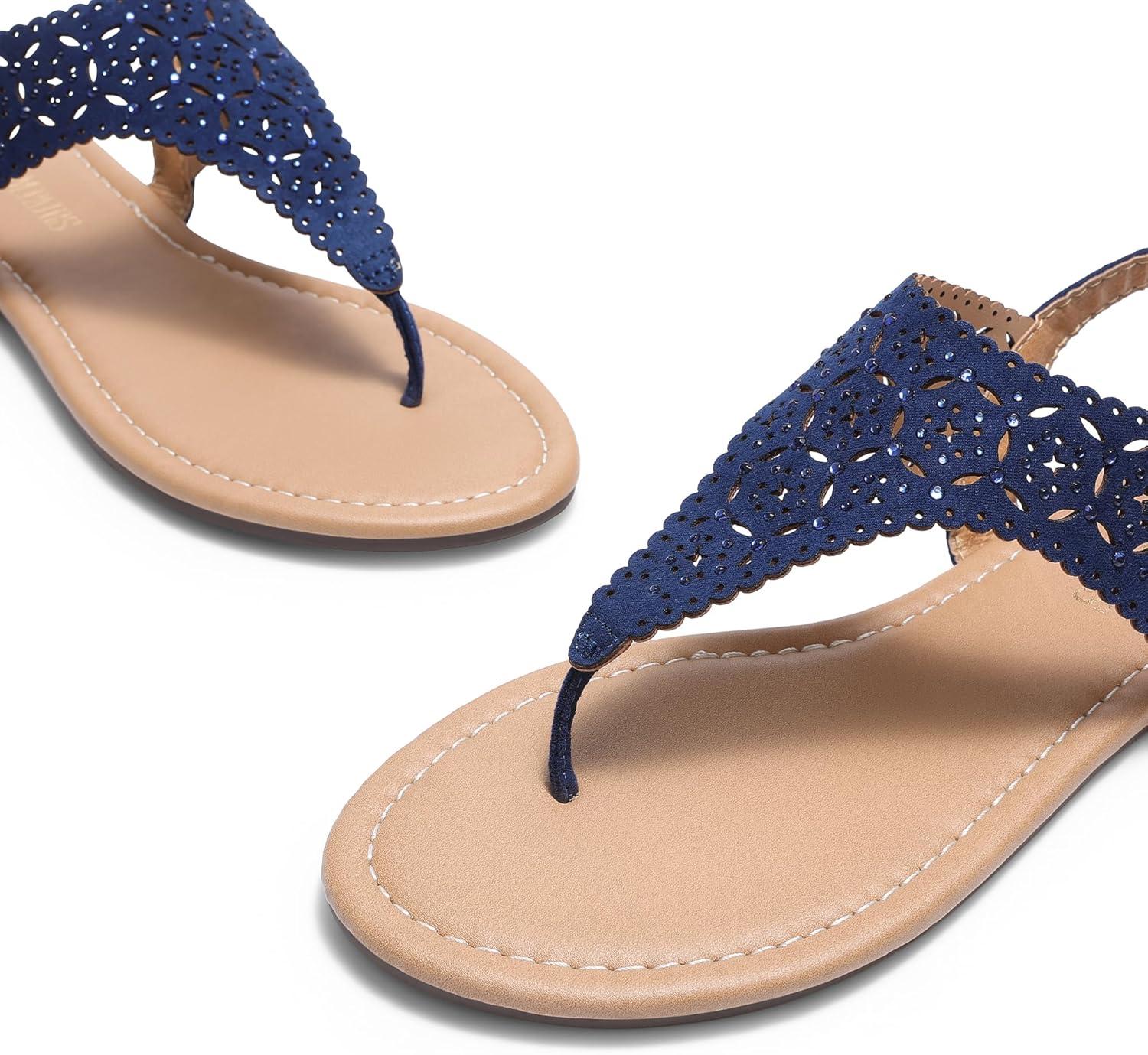 imageDREAM PAIRS Womens Rhinestone Casual Wear Cute Gladiator Flat Sandals Beach Dressy TStrap Thong SandalsNavy