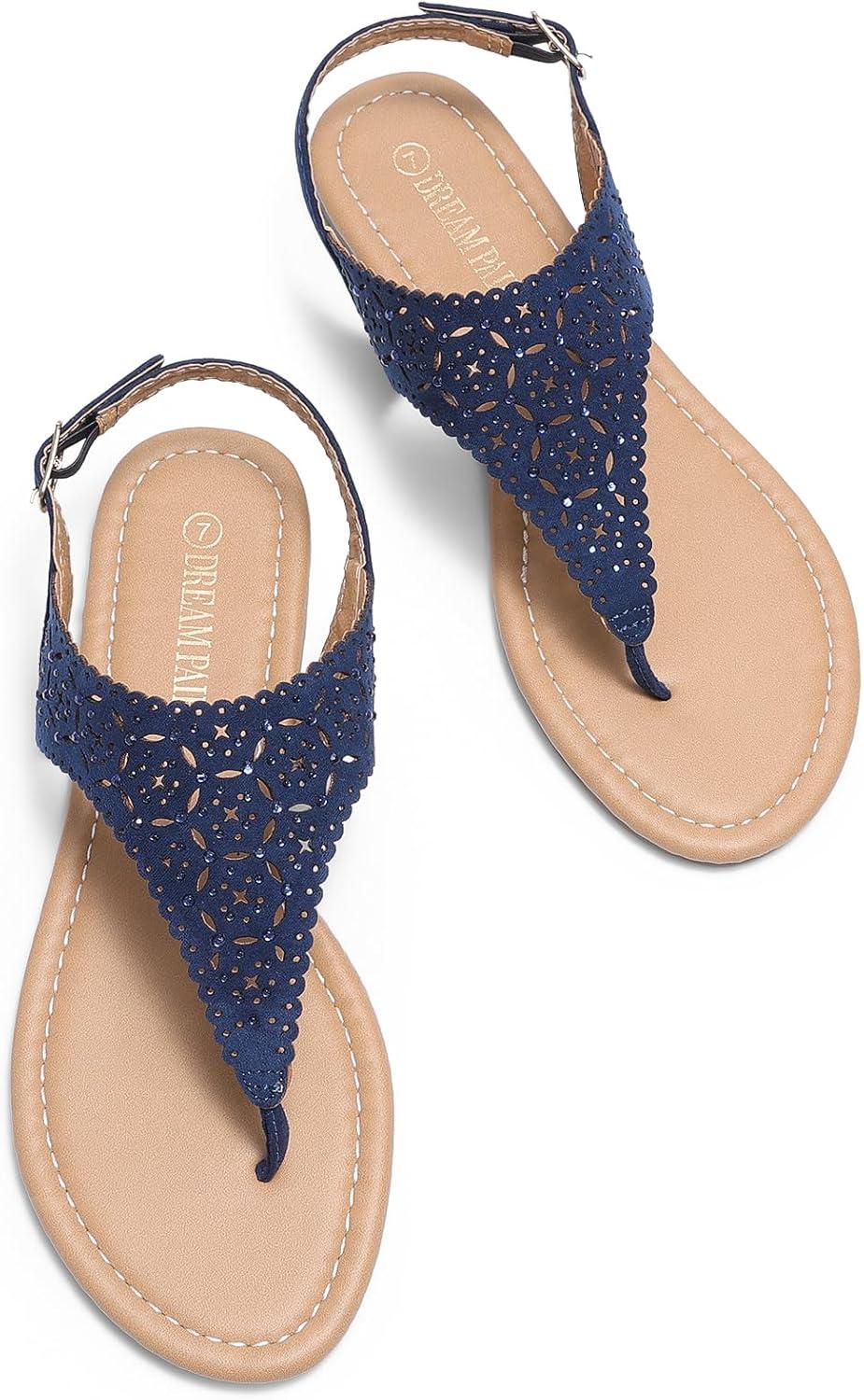 imageDREAM PAIRS Womens Rhinestone Casual Wear Cute Gladiator Flat Sandals Beach Dressy TStrap Thong SandalsNavy