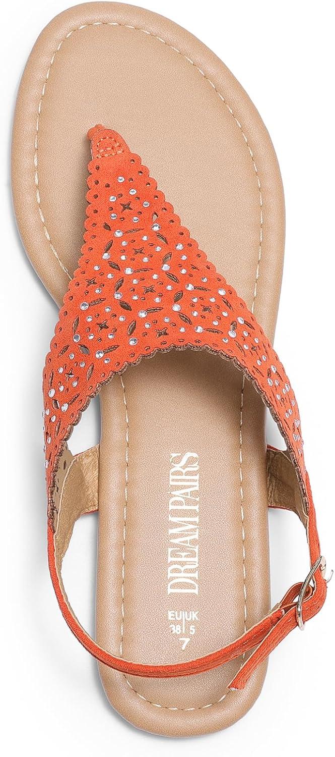 imageDREAM PAIRS Womens Rhinestone Casual Wear Cute Gladiator Flat Sandals Beach Dressy TStrap Thong SandalsOrange